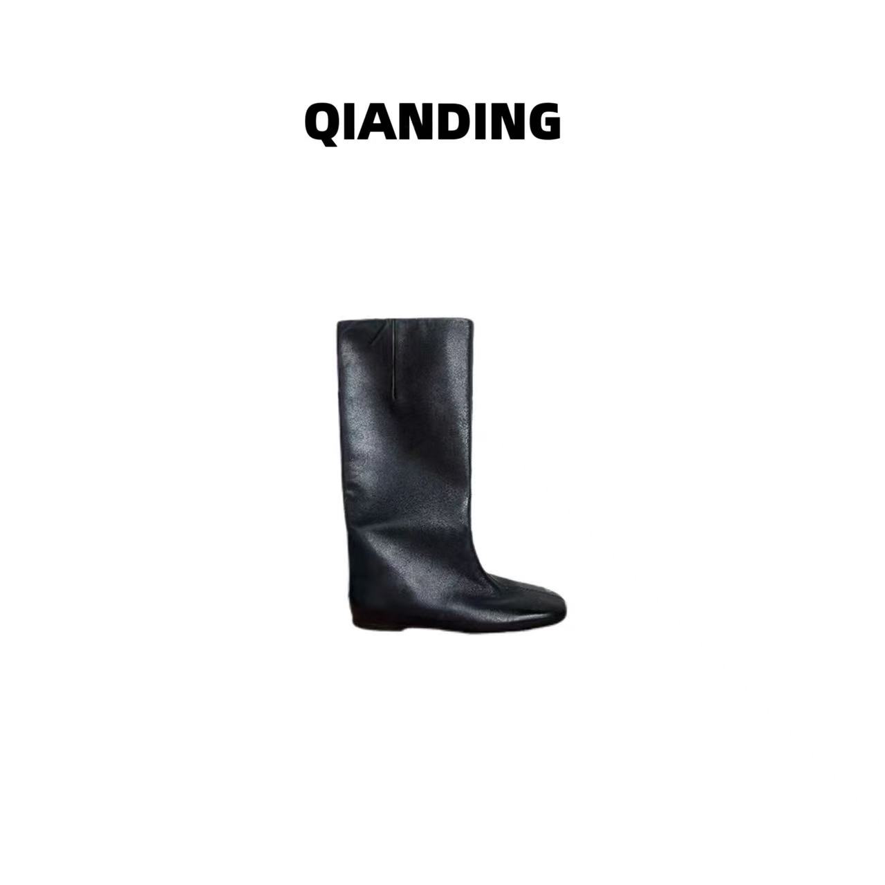【QIANDING】复古简约BB羊皮一脚蹬高筒骑士靴A251108