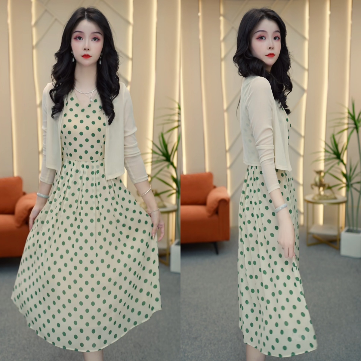 外衣+背心裙2025夏季新款温柔杏色清新女神范气质波点连衣裙M-4XL