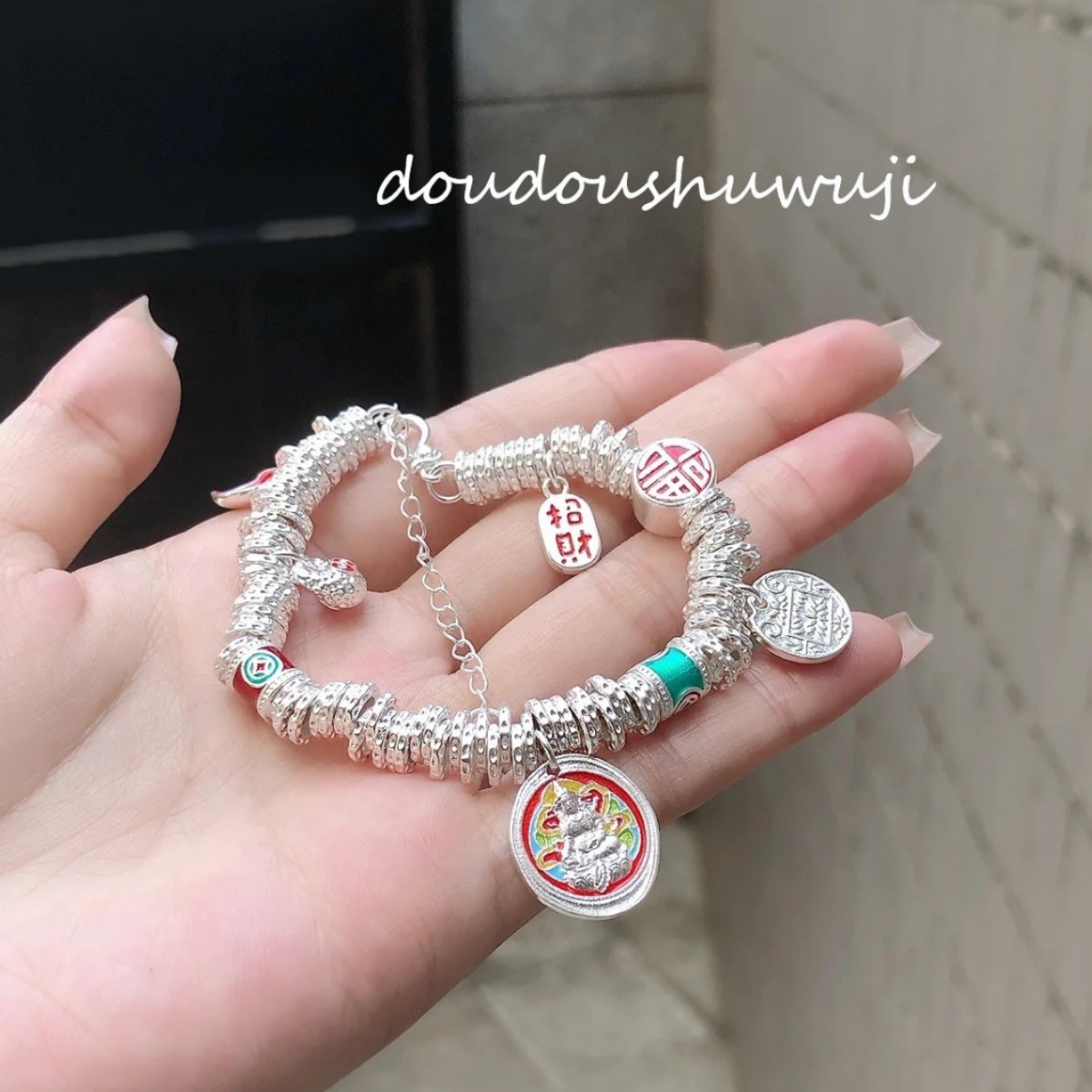 999盘缠手链银珐琅五路财神福牌好运新中式国风百搭