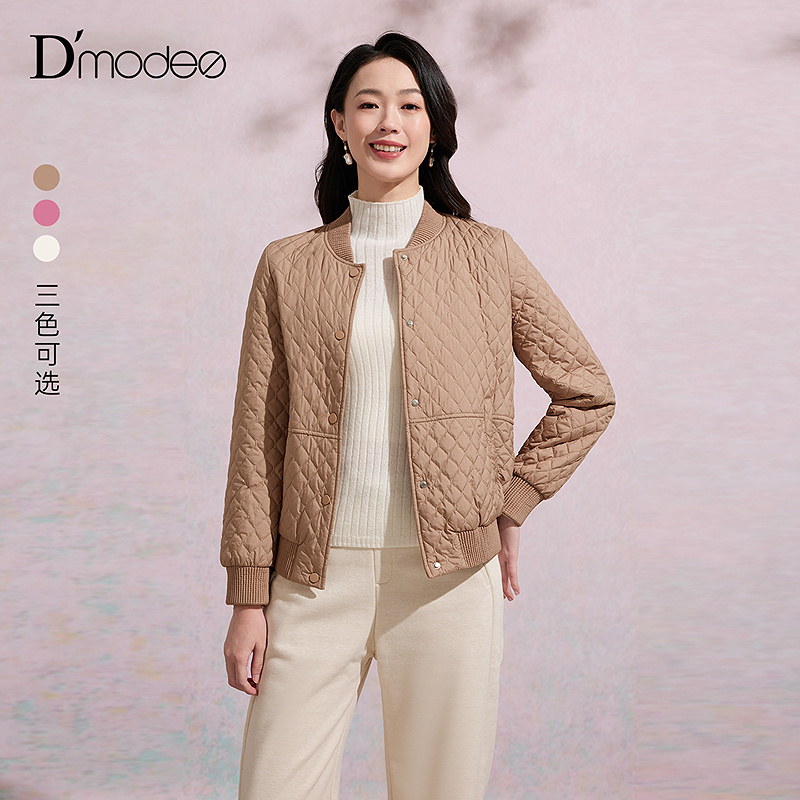 黛玛诗2025秋季新款立领菱形格轻薄棉服女百搭休闲通勤保暖棒球服