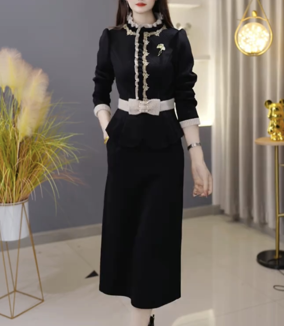 【冬季新品】C1533时尚高端中长款两件套保暖棉服修身显瘦冬季潮流