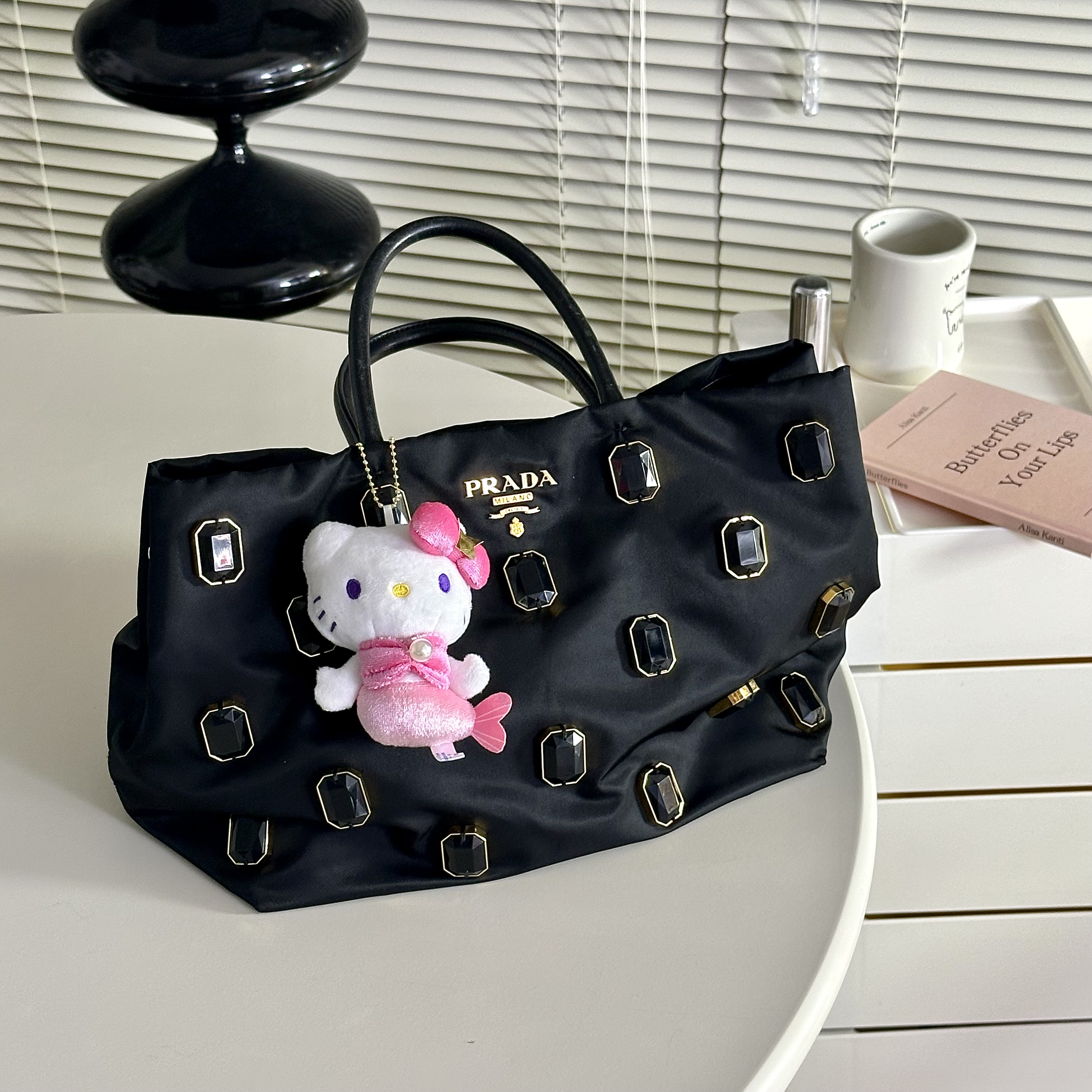 95新 Prada/普拉达 黑色宝石托特尼龙