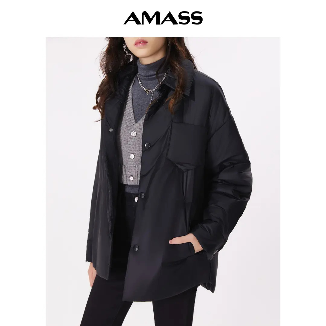 AMASS/阿玛施 冬季保暖软糯翻领宽松单排扣长袖中长棉服5400658