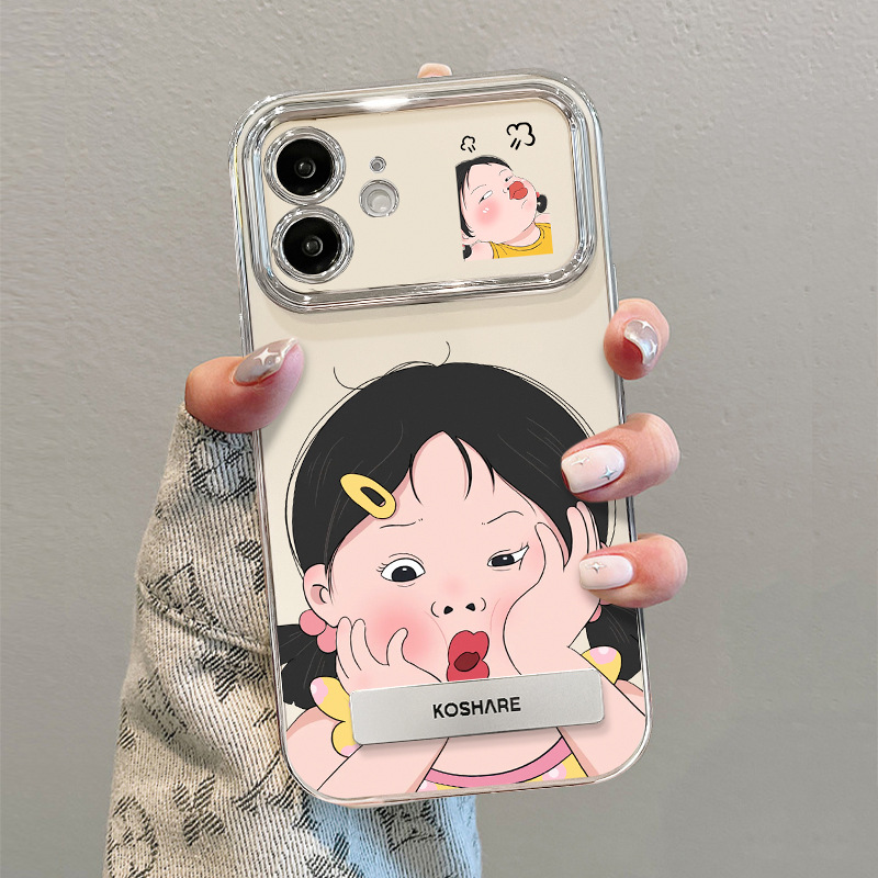 适用苹果15手机壳iPhone14promax挤脸女孩支架13电镀6D视窗12卡通