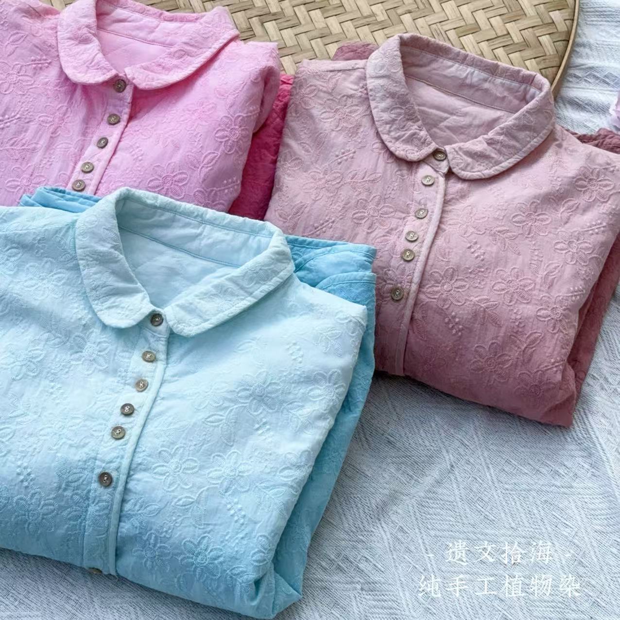 【遗文拾物】手工古法扎染百搭娃娃领夹刺绣花夹棉衬衫