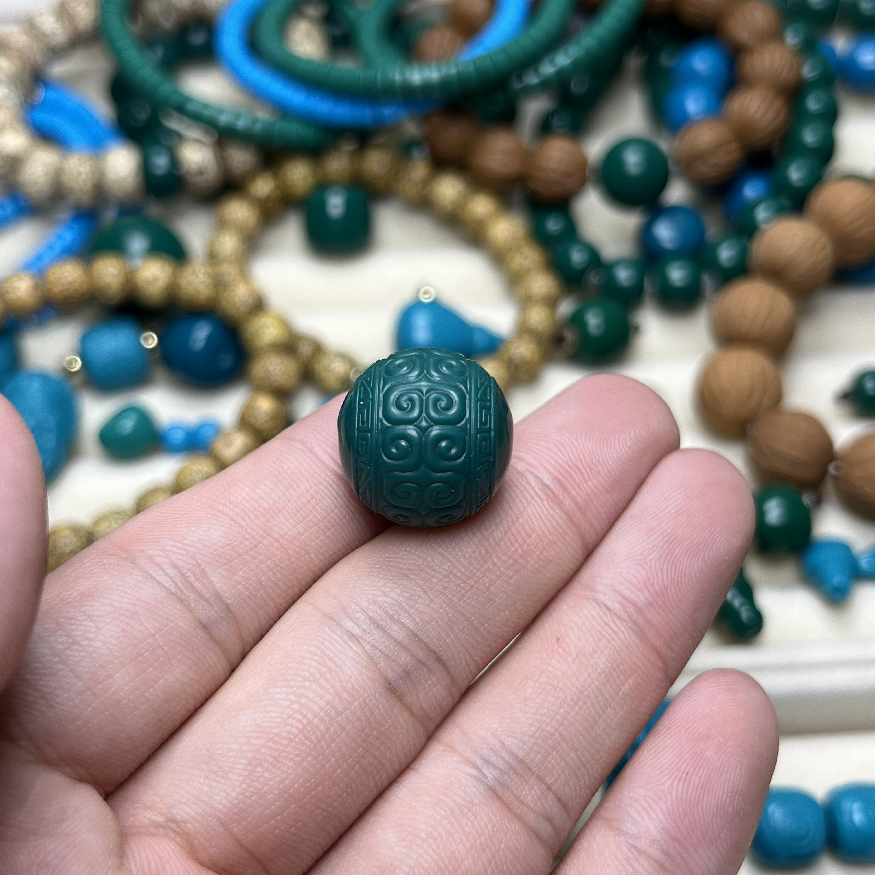 地狱绿科技松高级精工雕刻回文珠通用复古文玩配珠饰品