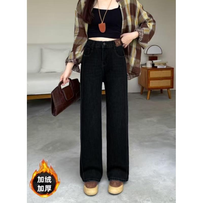 牛仔裤宽松直筒裤时尚高弹通勤休闲风弹力秋冬季密密绒高腰百搭