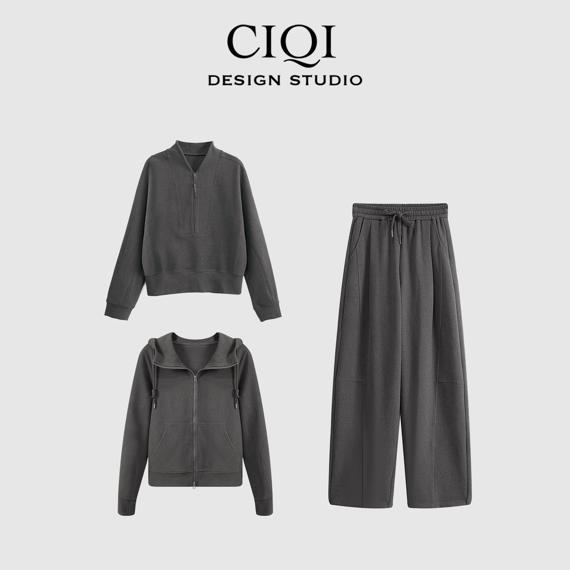CIQI STUDIO早秋松弛感卫衣松紧腰口袋纯色长裤套装A6679+A6689