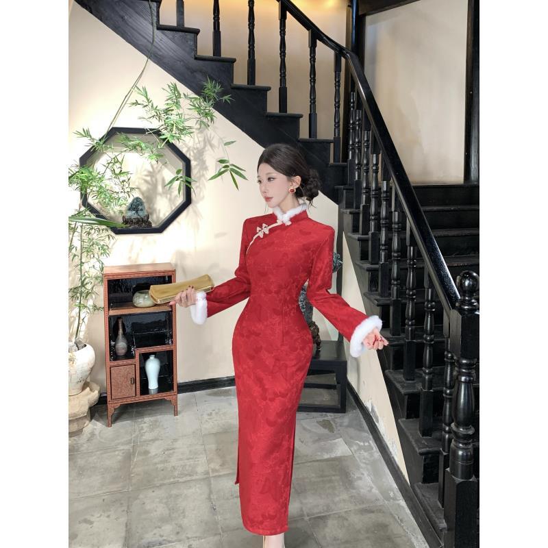 苏故里【桥月】新款冬季加绒修身显瘦气质改良新中式旗袍衣长120