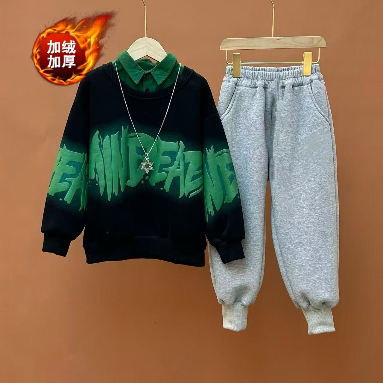 男女童冬装加绒套装2026新款中大童冬季一体绒卫衣【不含衬衫】