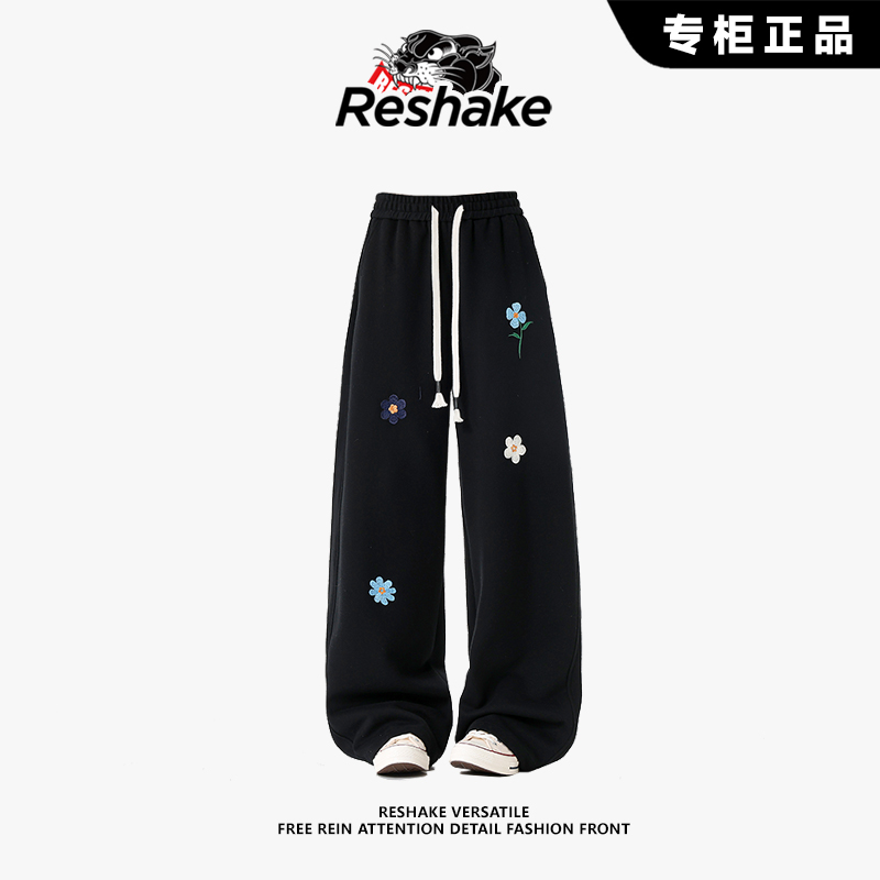 RESHAKE花卉刺绣休闲裤男士秋冬季潮流百搭美式休闲直筒拖地长裤