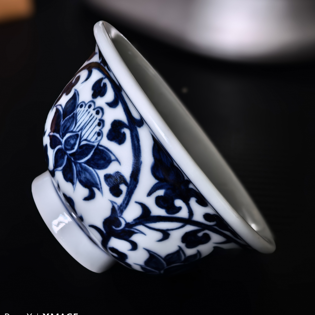 景德镇仿元缠枝莲大压手主人杯100毫升纯手绘纯手拉坯