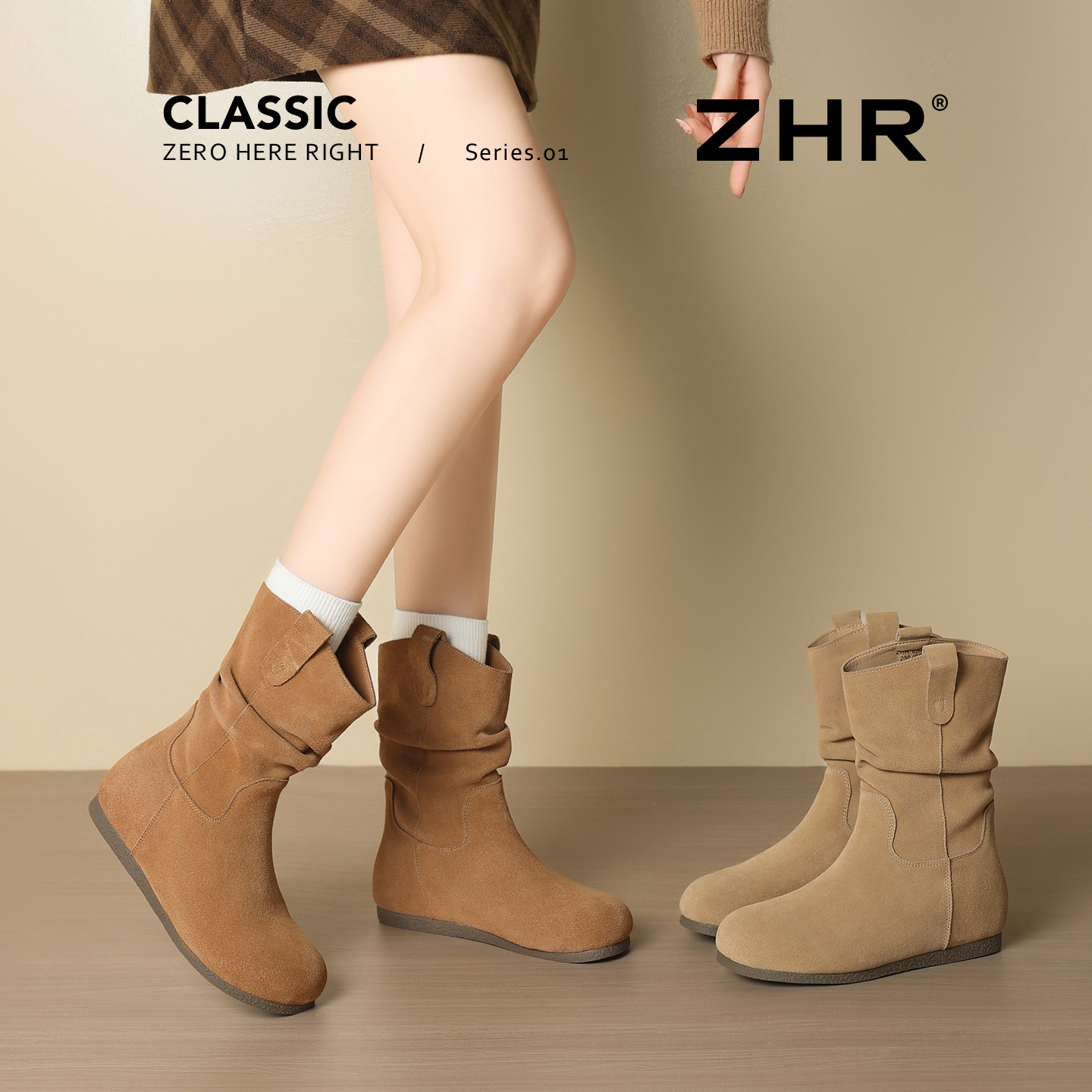 ZHR/则则中筒靴女秋冬新加绒复古内增高马丁骑士时尚百搭堆堆靴Z