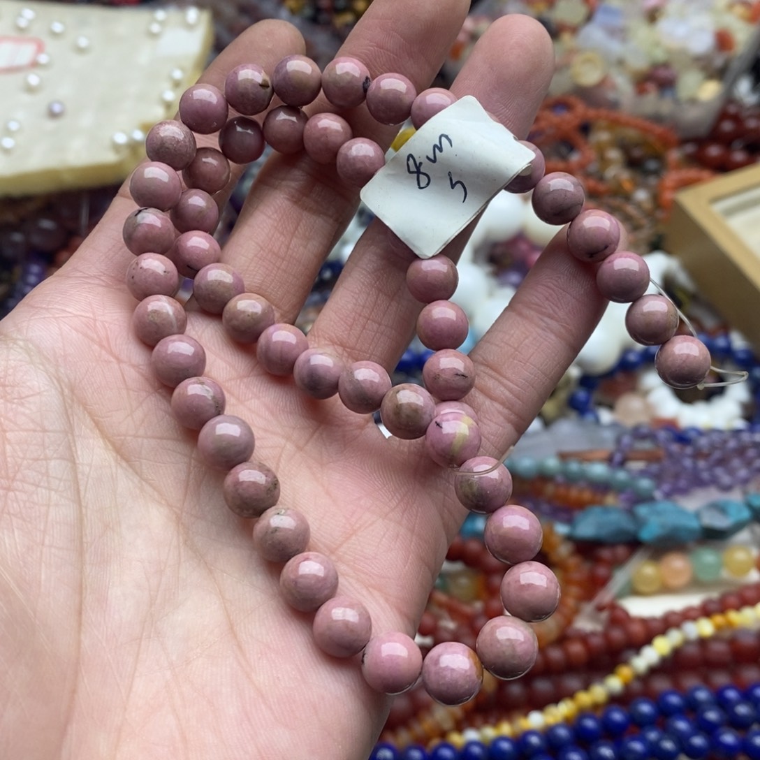 玛瑙/玉髓未镶嵌珠宝半成品一条天然8mm粉蔷薇石圆珠