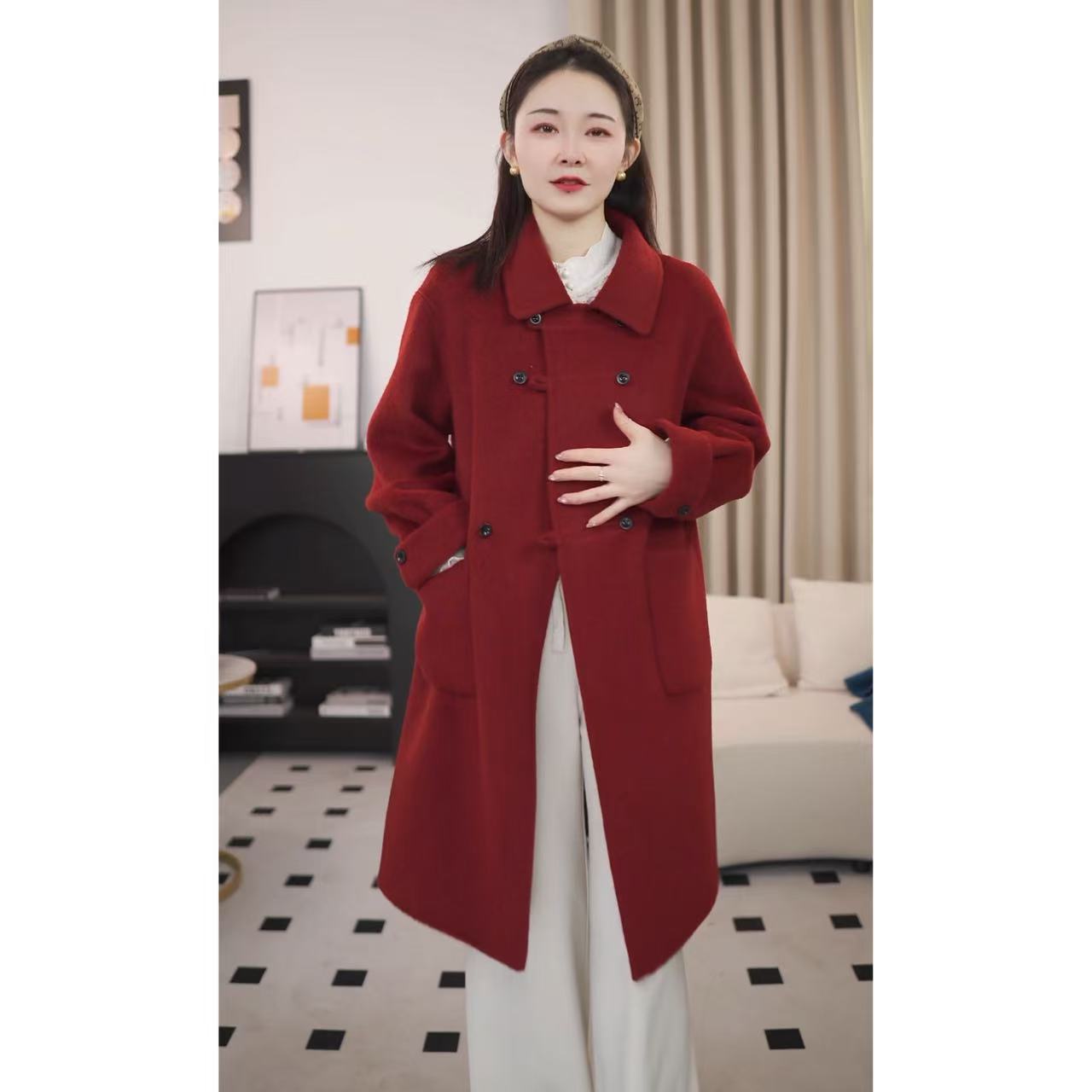 休闲减龄双排扣韩系轻奢100%绵羊毛2025秋冬娃娃领双面羊毛大衣女