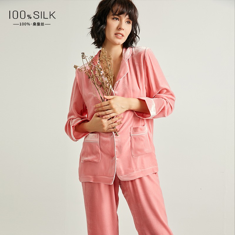  【双12倒计时-断码清货】百分百桑蚕丝丝绒长袖重磅家居服套D-9205