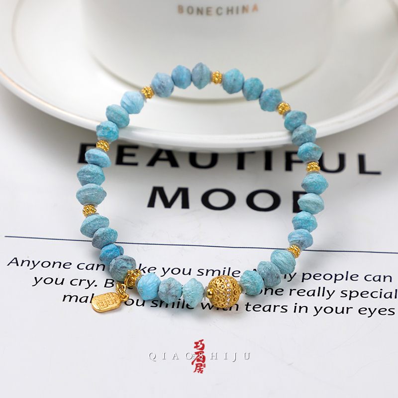 巧石居十堰天然原矿绿松石雾霾蓝百香籽单圈 编号70020