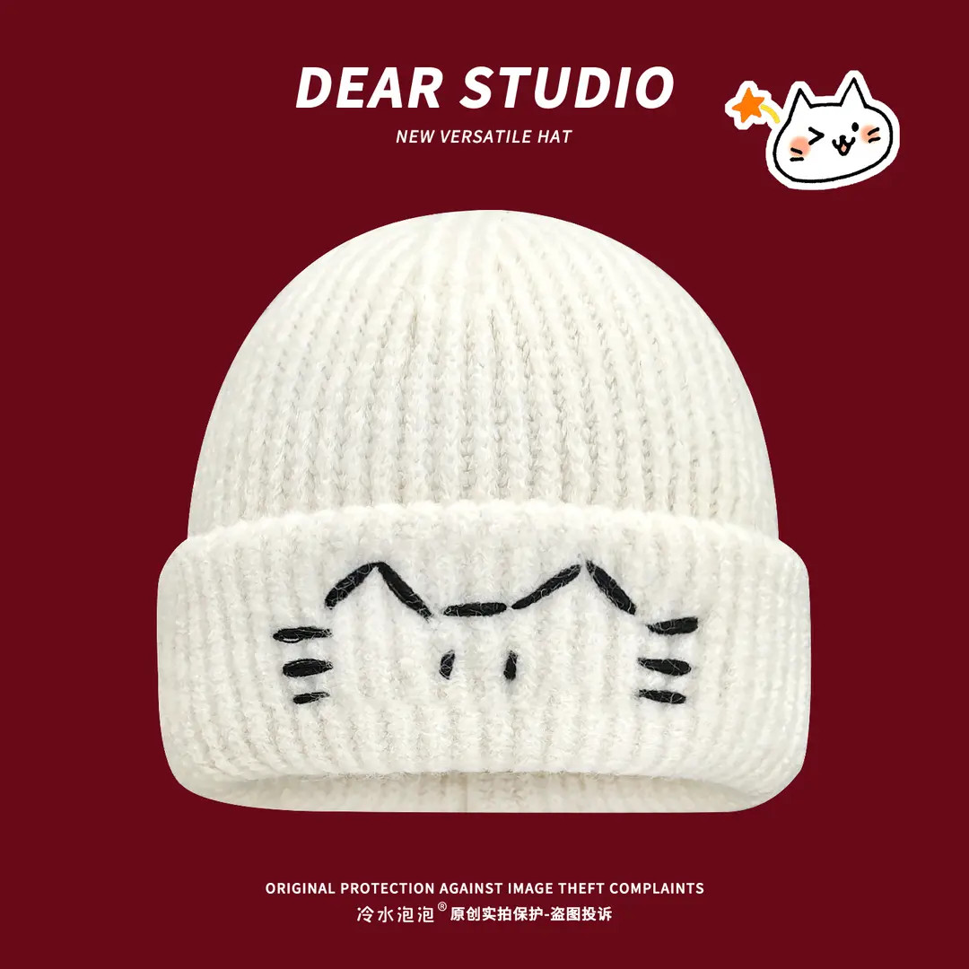 日系可爱小猫刺绣毛线帽子女秋冬季保暖护耳针织帽休闲百搭包头帽