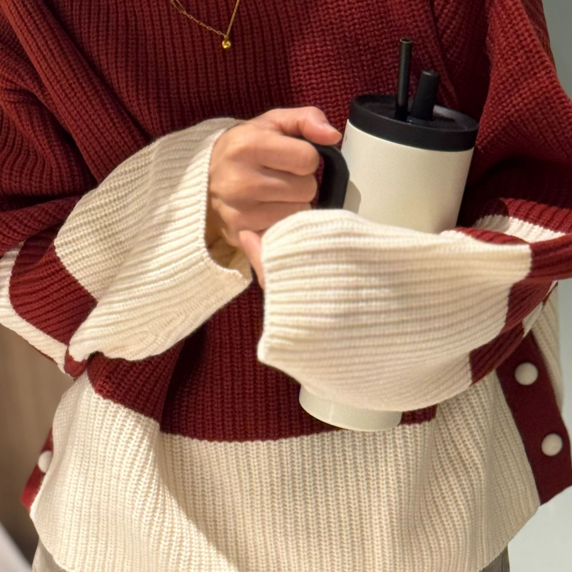 【W0152】针织女撞色圆领毛针织衫韩版宽松型长袖