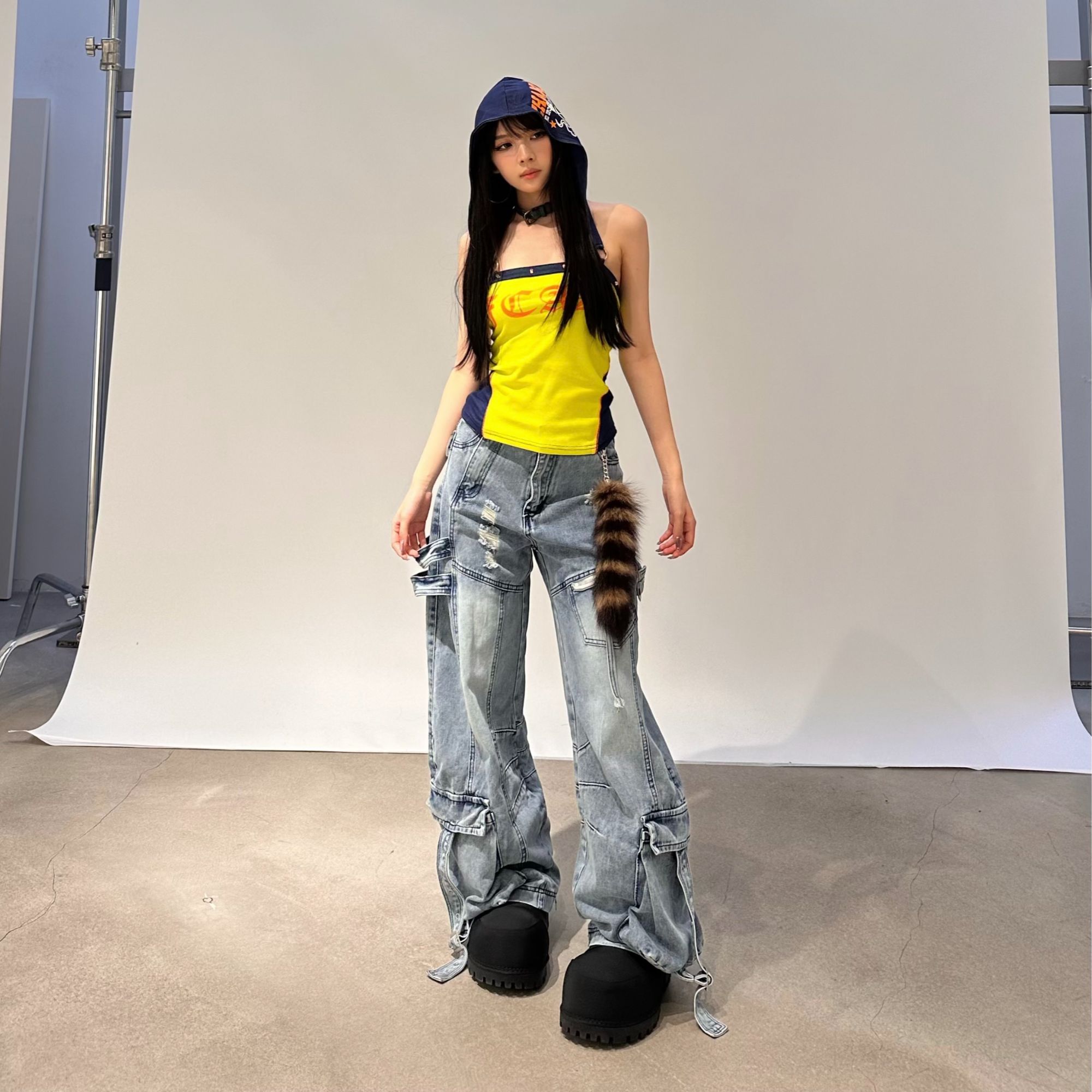 HottieDiary 美式街头重工多口袋水洗做旧牛仔裤设计感宽松