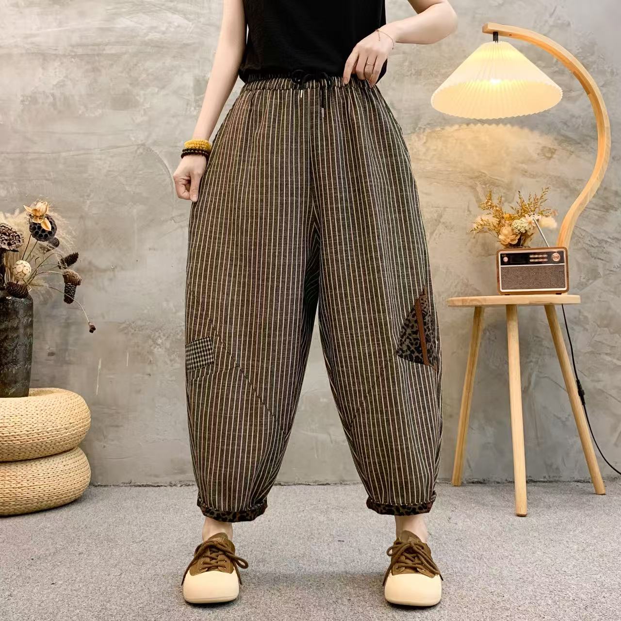 SYBY-2025夏季新款粗布麻料大码中高腰松紧腰围豹纹条纹萝卜拼色