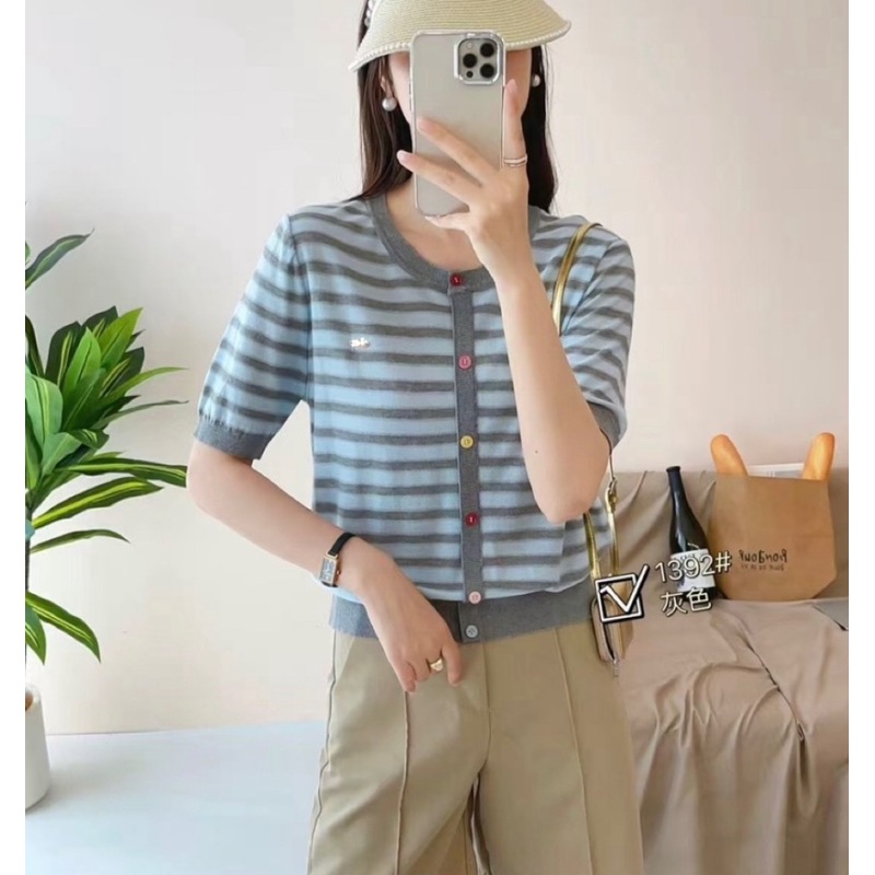 品质/莱赛尔天丝/超细冰感/条纹假开衫短袖A265灰蓝