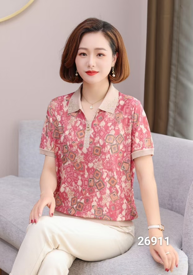 26911妈妈款夏装桑蚕丝翻领短袖