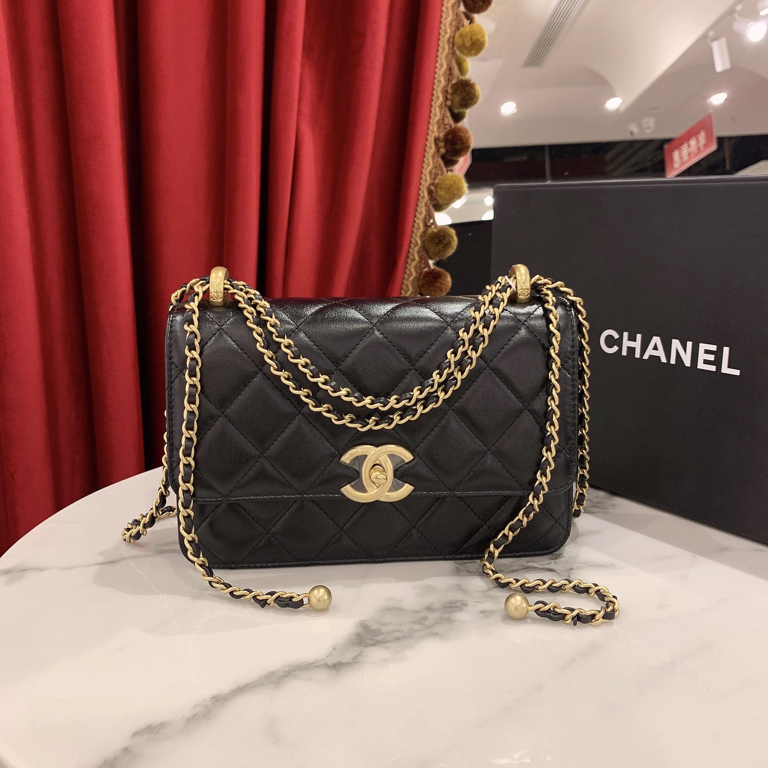 95新 Chanel/香奈儿 GGS24c双金珠22黑金牛皮芯片款/90517881