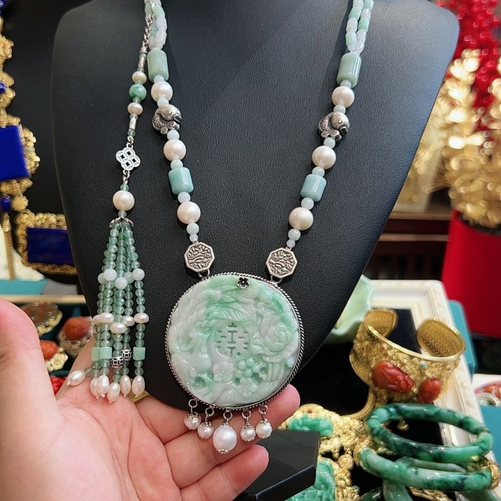 翡翠颈饰银S925镶嵌古风