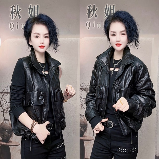 秋姐穿搭-#591新款时尚百搭袖子可拆卸油蜡牛皮鹅绒服皮衣