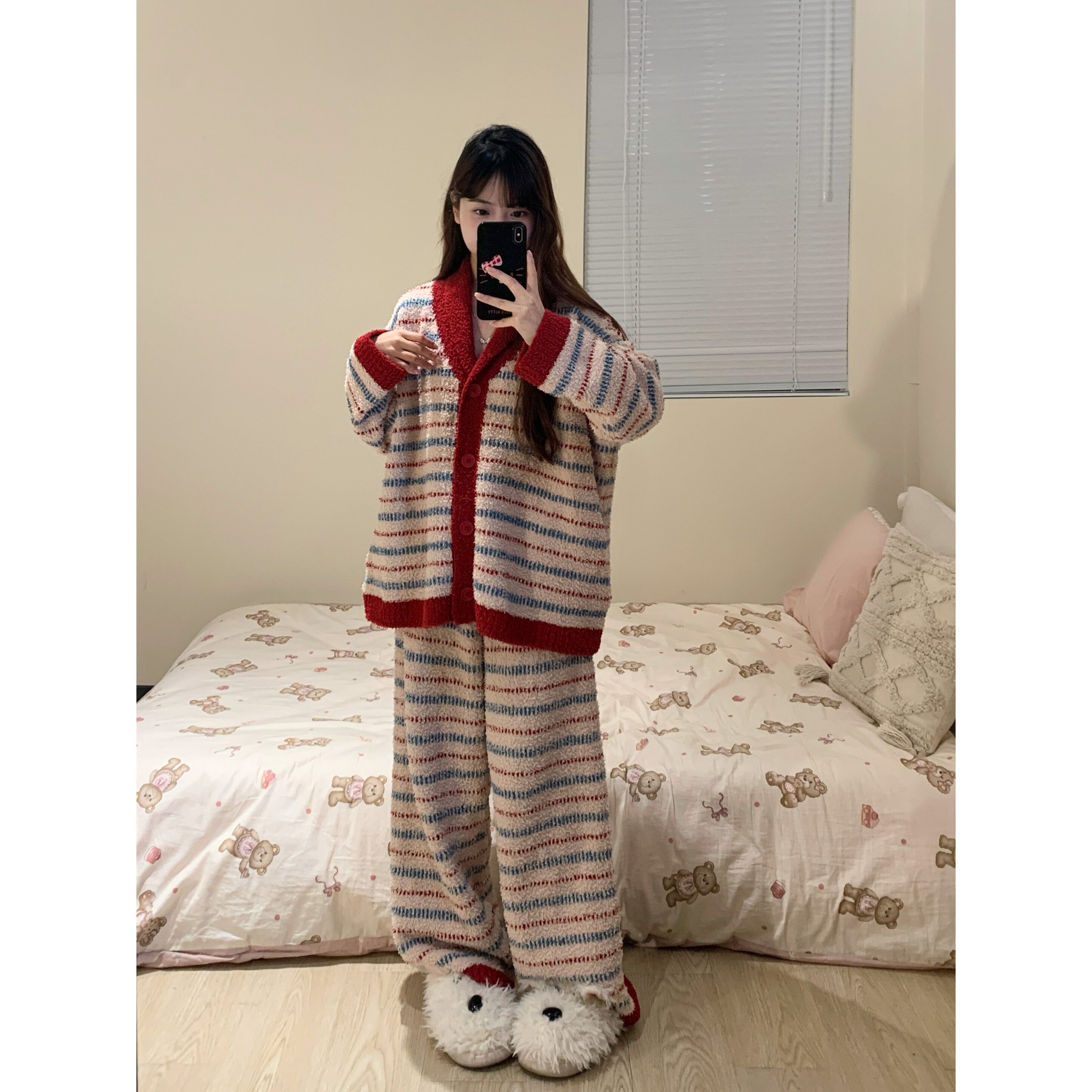 复古撞色条纹半边绒睡衣女冬季加厚针织衫毛衣休闲保暖家居服套装