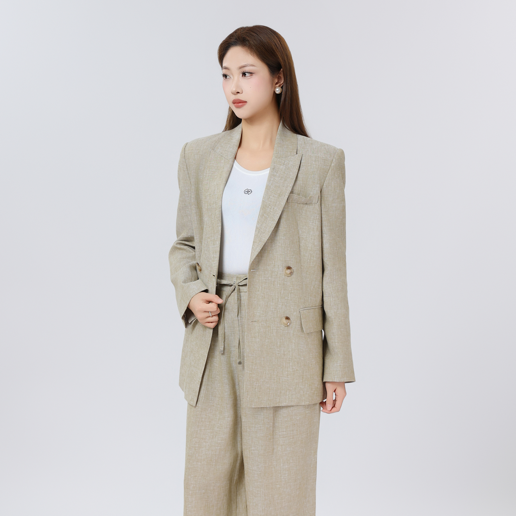 GIRDEAR/哥弟新款西服气质修身亚麻西装女士外套法式轻职风140025