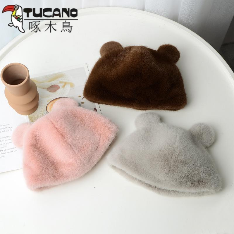 新款女士帽子皮毛一体仿貂帽熊猫帽兔耳帽时尚洋气减龄百搭帽