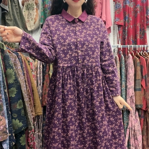 招财猫收腰裙紫色花