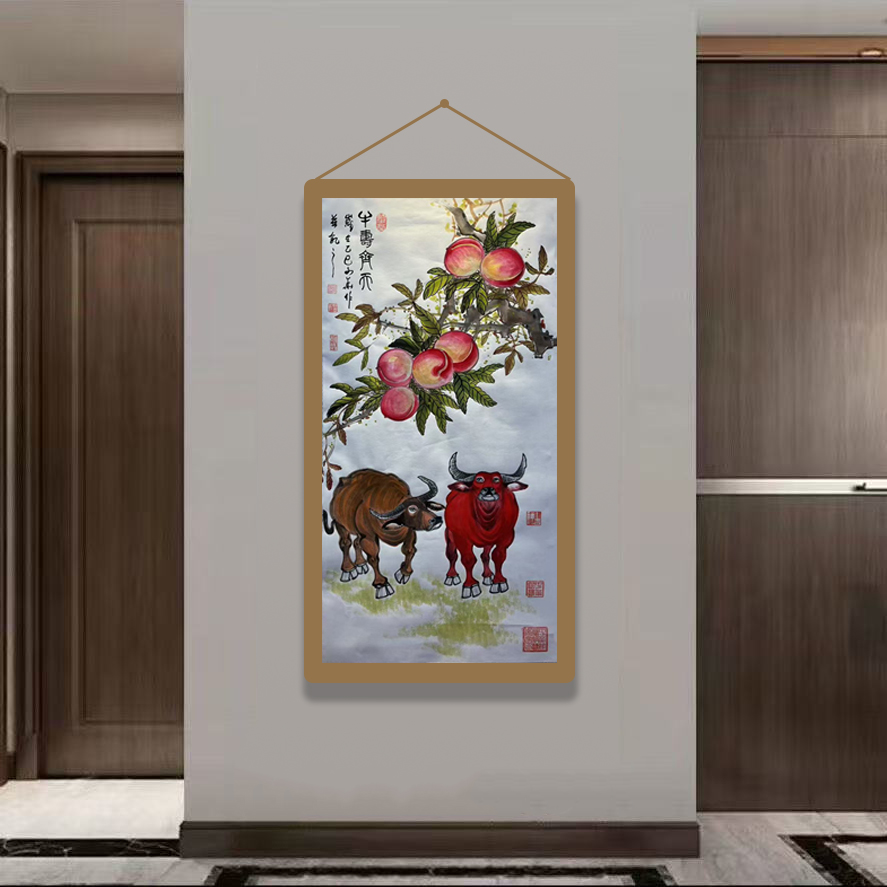 贾文华老师国画手绘作品牛寿齐天 四尺