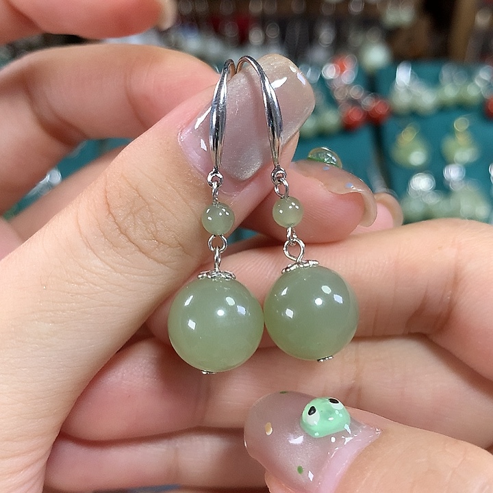 和田玉银S925镶嵌耳饰天然卡12mm左右冰晴水