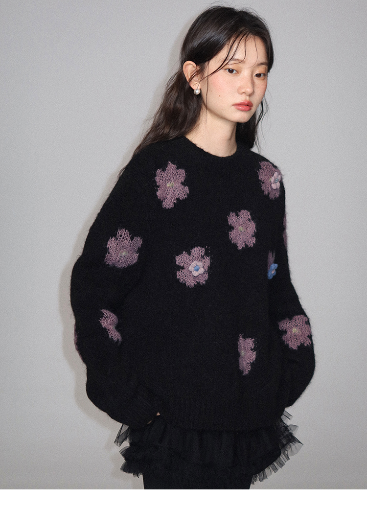 花栗鼠小姐 绮丽鸢尾 羊毛马海毛纱线蓬松保暖手工编织花朵针织衫