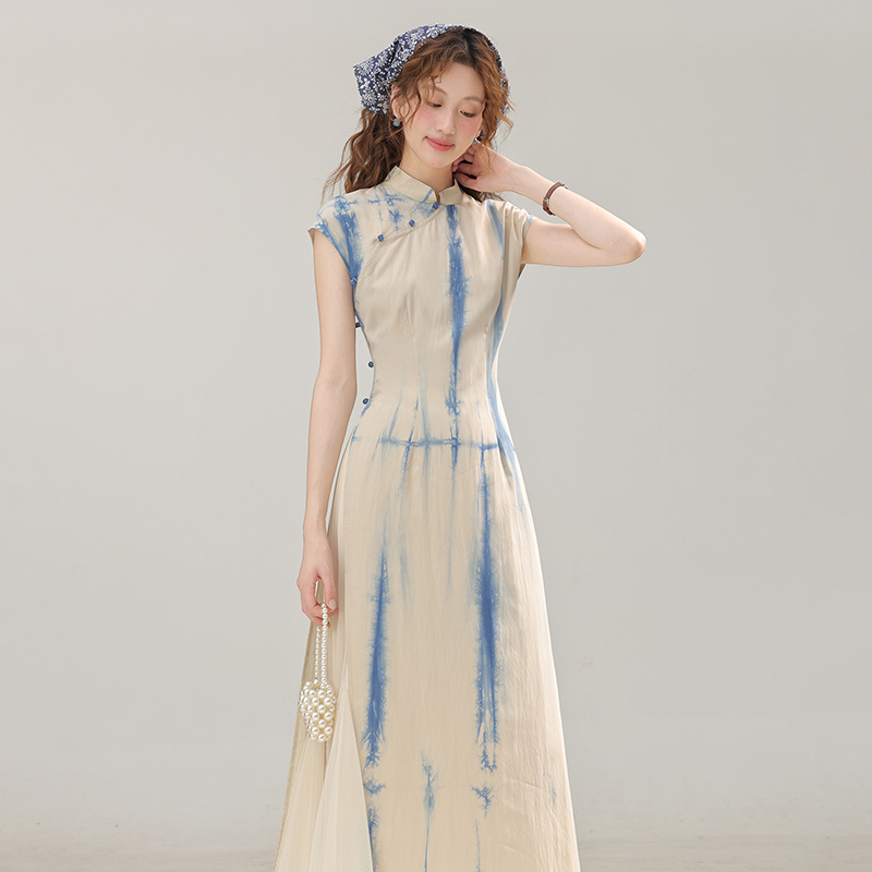 三寸藕【墨染烟雨】新中式改良旗袍蓝色晕染连衣夏收腰长裙L250712