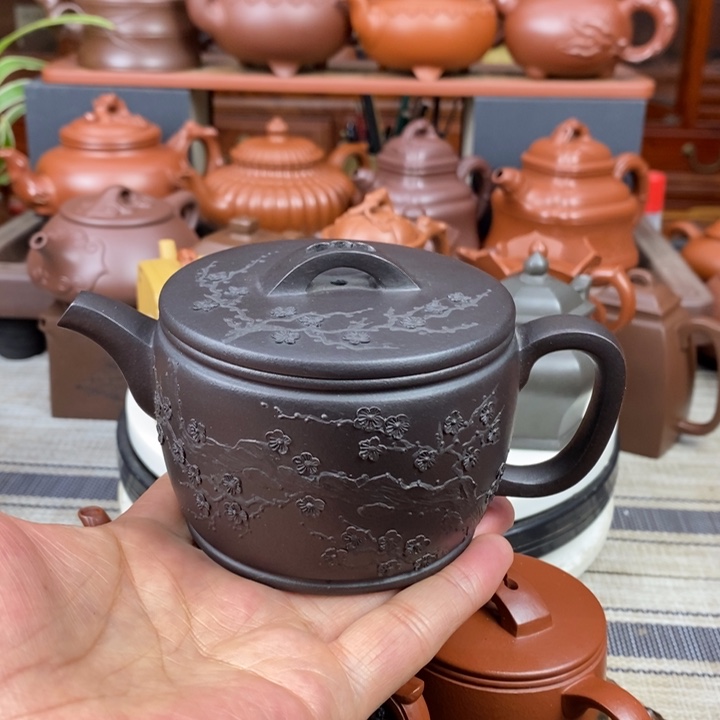 紫砂茶壶梅花汉瓦260cc原生矿黑料