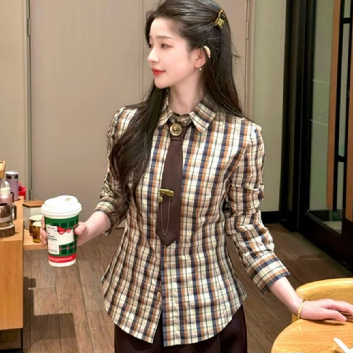【商场正品】松茶可可新款通勤百搭修身显瘦格纹长袖衬衫女士130146