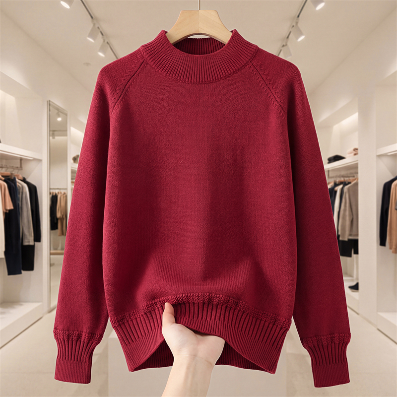 (新年款) 厚款100%纯棉提花半高领针织衫洋气百搭毛衣打底衫