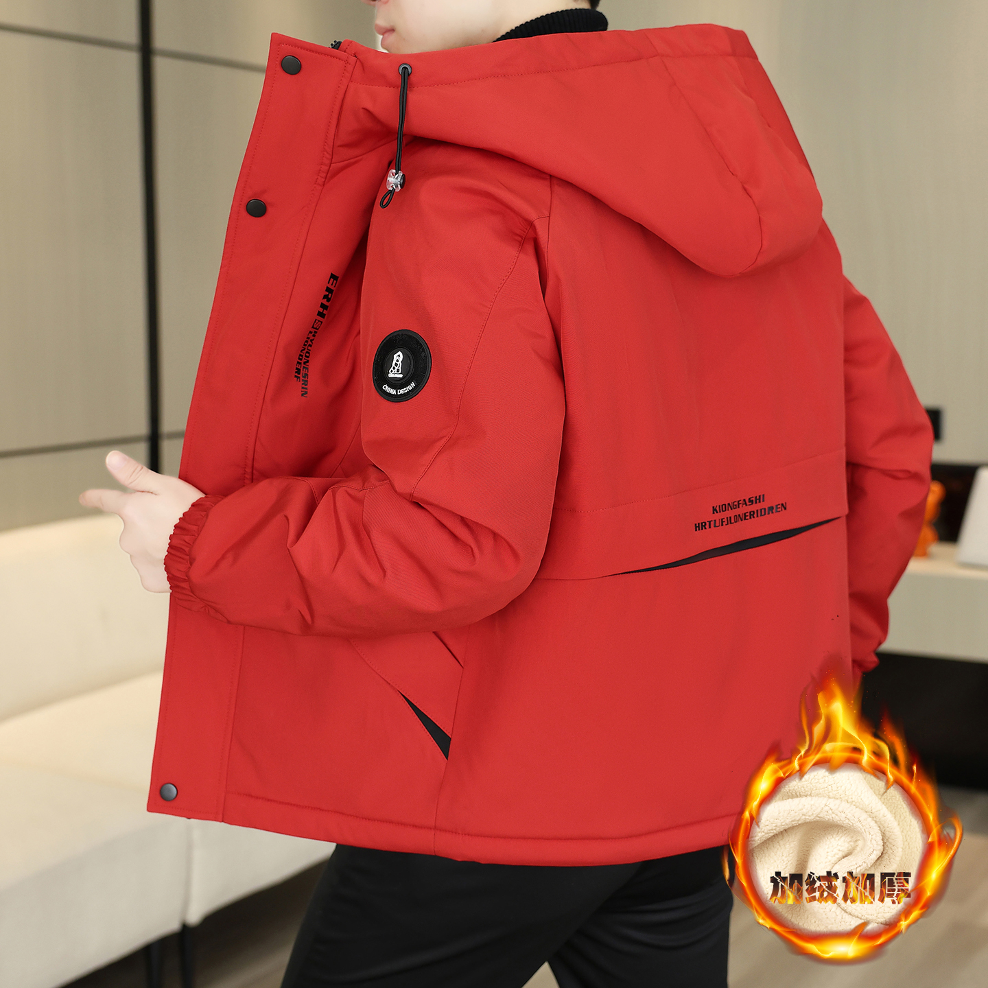 冬季外套男士加绒连帽夹克纯色百搭上衣防寒保暖冲锋衣新款棉衣男