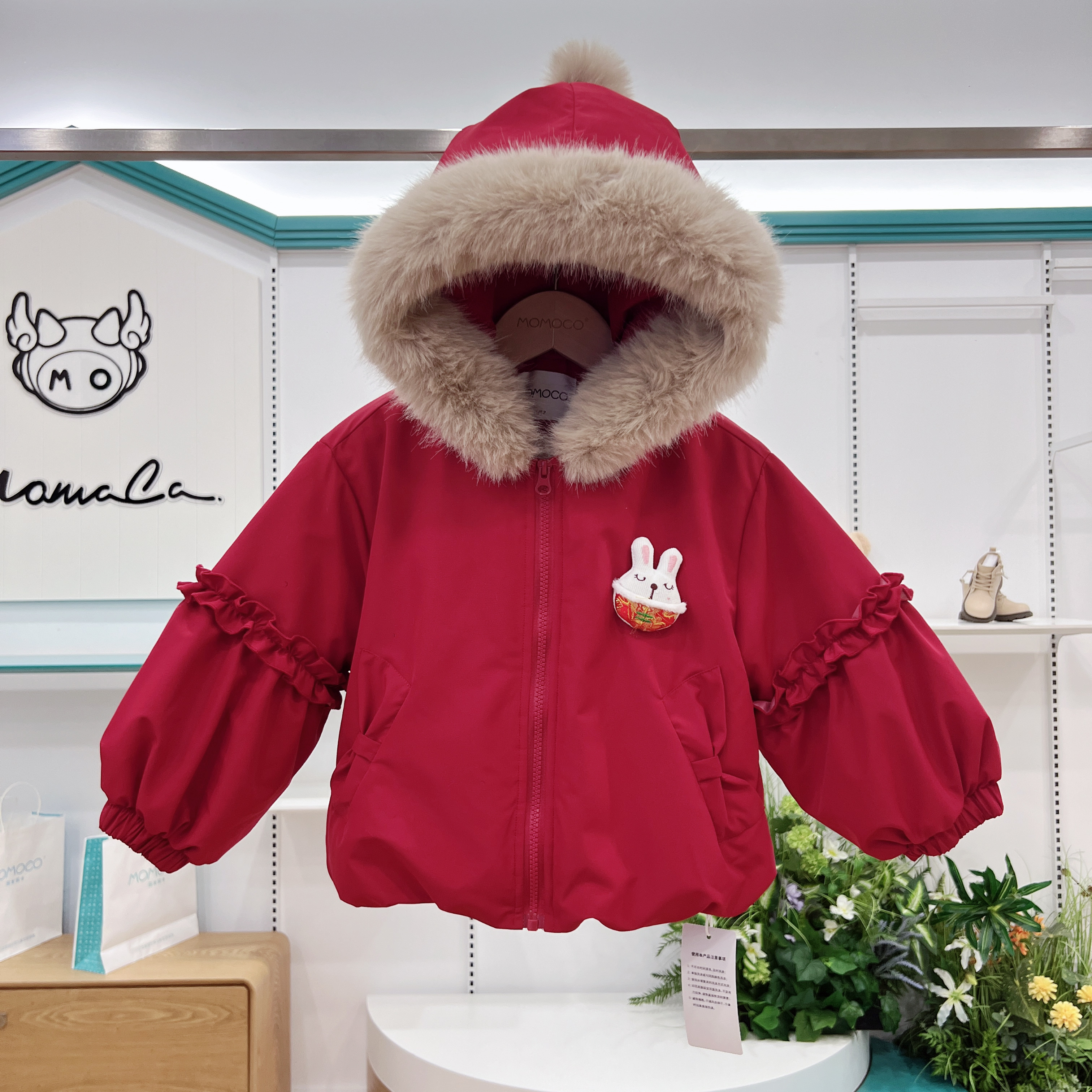 MOMOCO女童冬季新款加绒加厚派克服新年红棉服外套77830138062