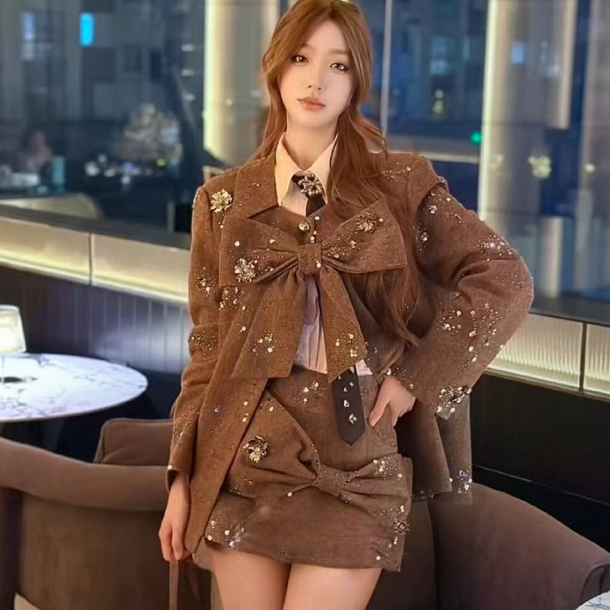花颜颜摩卡旋律）小香风立体珠片绣蝴蝶结设计感套装2026春
