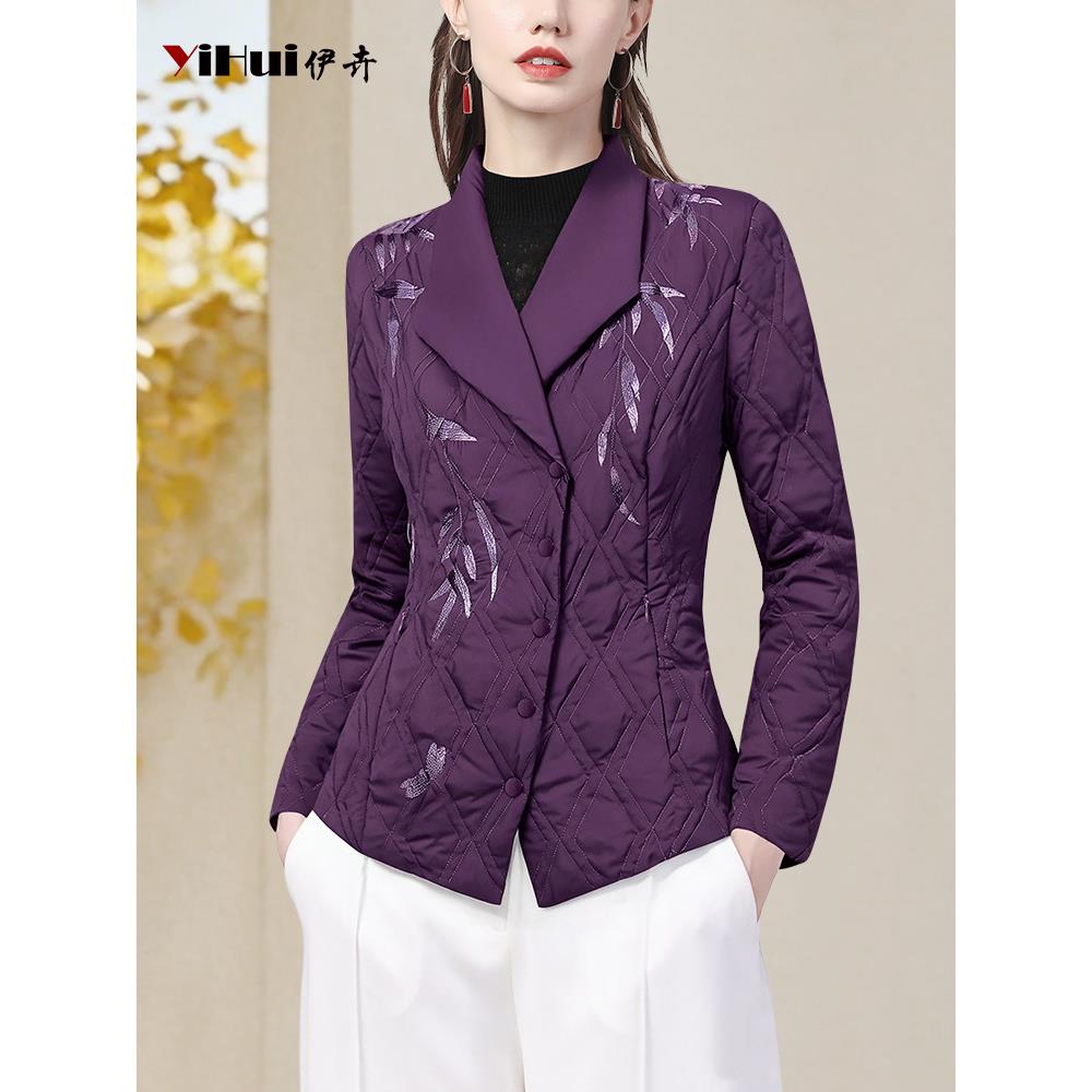 YIHUI伊卉刺绣花西装领羽绒服外套女保暖白鸭绒时尚轻薄WG256785