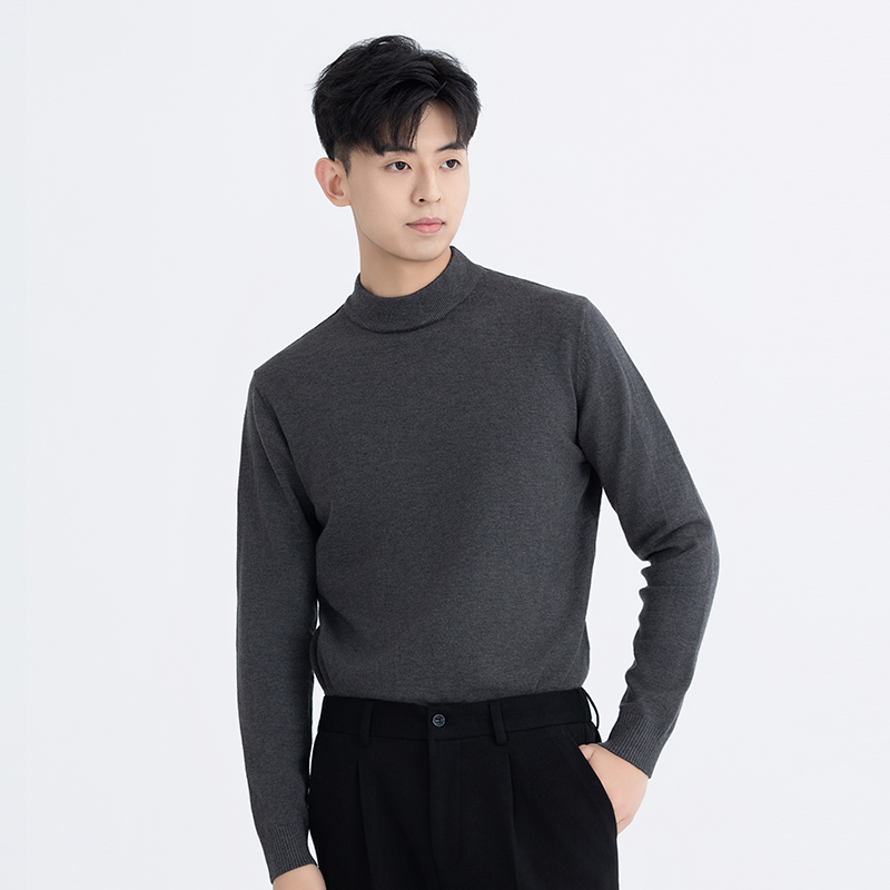 冬季保暖毛衣男士半高内搭打底针织毛衣休闲舒适中领纯色套头上衣