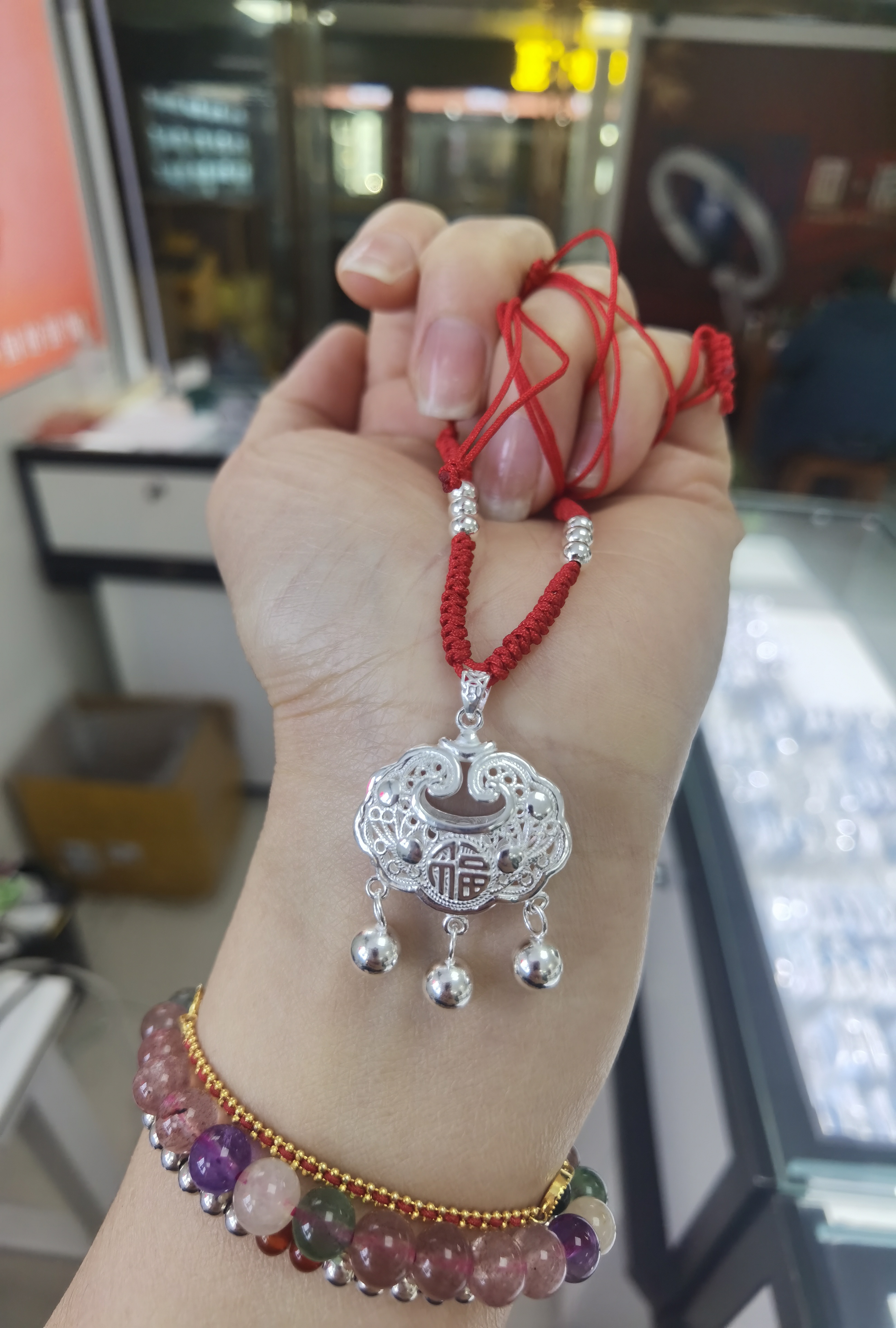 吊坠足银 足银锦鲤锁花丝福锁宝宝锁成人儿童同款吊坠编绳挂坠