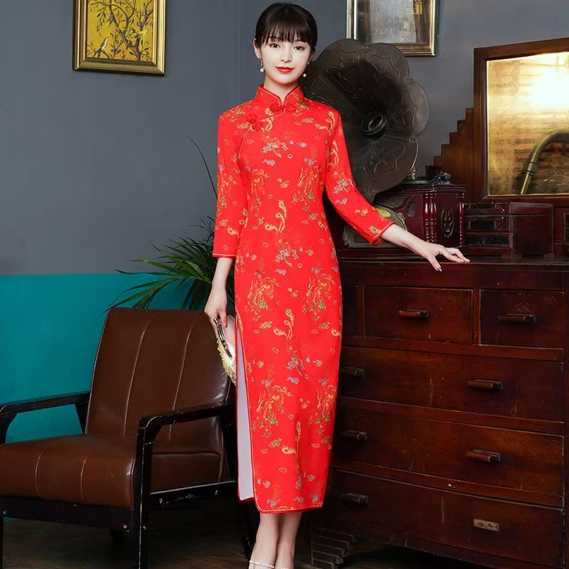 雅韵云之锦大码长款改良旗袍连衣裙复古新款表演中国旗袍裙新中式