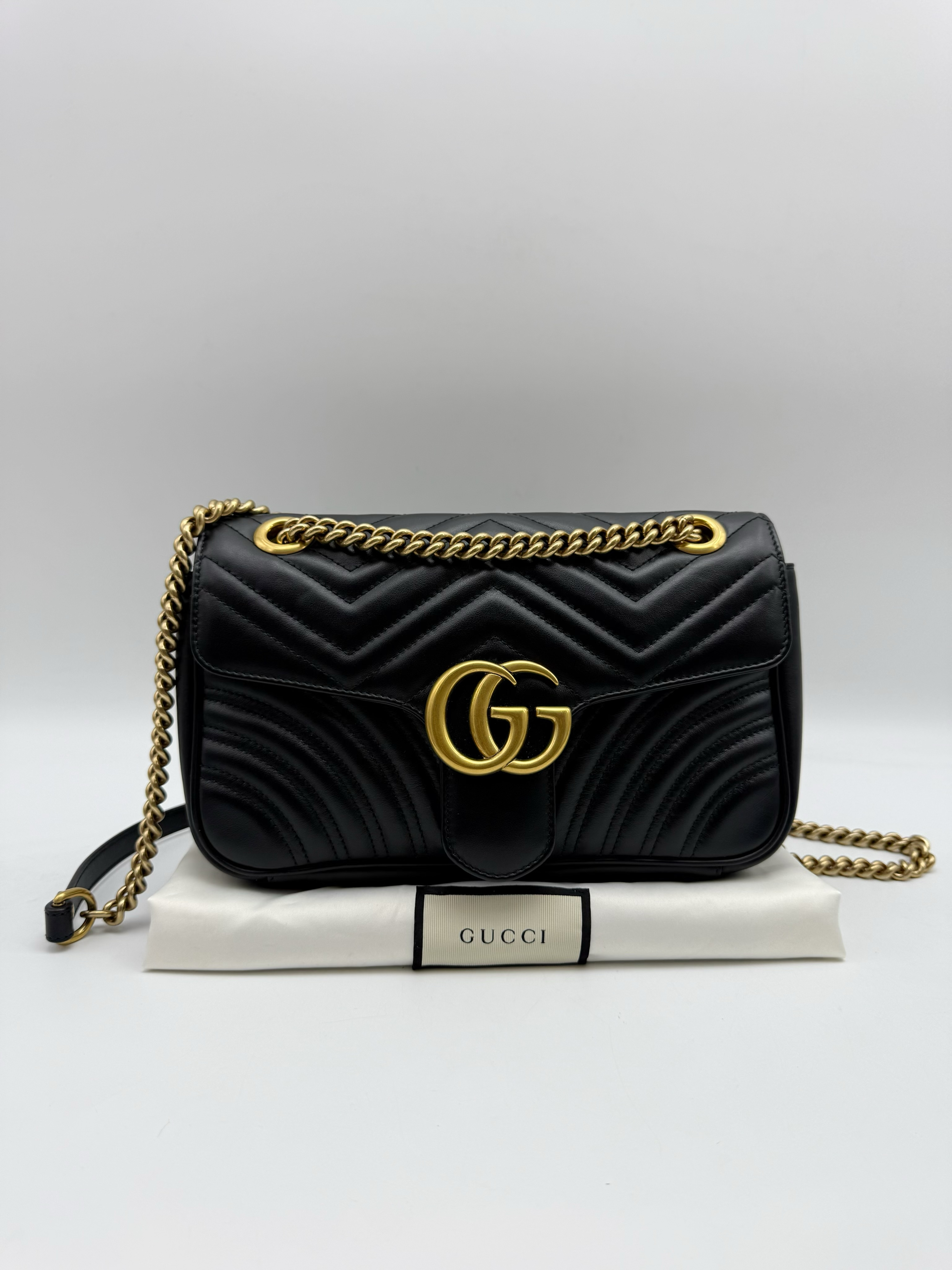99新 GUCCI/古驰 黑色marmont26cm 中号链条包、单肩斜挎包