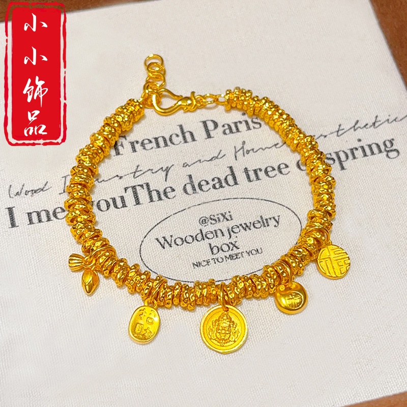 铜合金手链 【精工】古法金色胖福黄财财两世欢盘缠手链福牌手串女